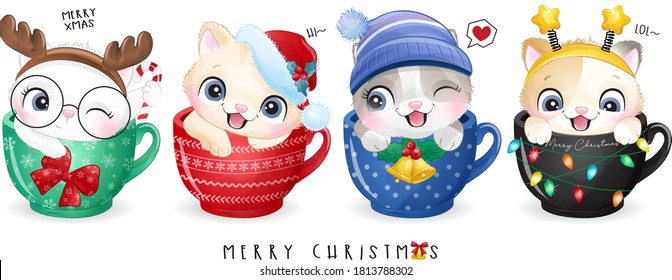 Cute doodle kitty for christmas day with watercolor illustration