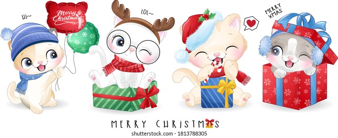 Cute doodle kitty for christmas day with watercolor illustration