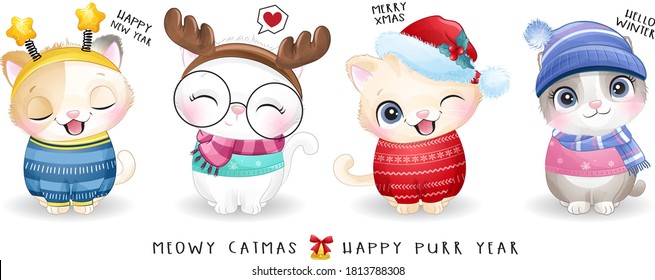 Cute doodle kitty for christmas day with watercolor illustration