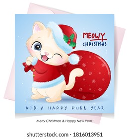 Cute doodle kitty for christmas day with watercolor illustration