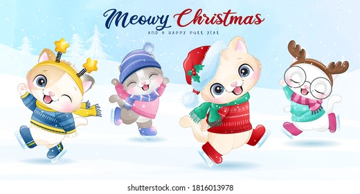 Cute doodle kitty for christmas day with watercolor illustration