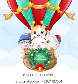 Cute doodle kitty flying with air balloon illustration