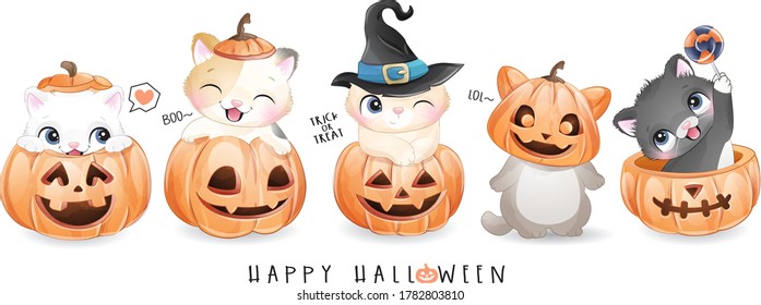 Cute doodle kitty for halloween day with watercolor illustration