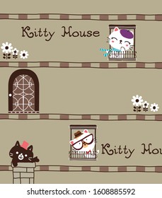 cute doodle kitty house vector set