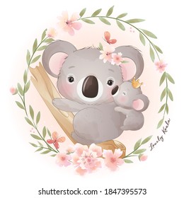 Cute doodle koala bear with floral illustration