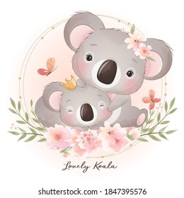 Cute doodle koala bear with floral illustration