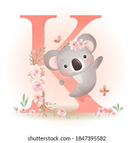 Cute doodle koala bear with floral illustration