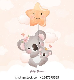 Cute Doodle Koala Bear With Floral Illustration