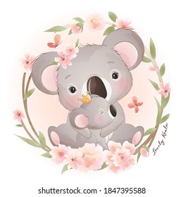 Cute doodle koala bear with floral illustration
