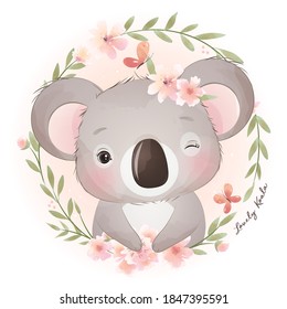 Cute Doodle Koala Bear With Floral Illustration