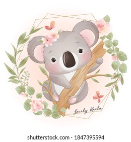 Cute Doodle Koala Bear With Floral Illustration