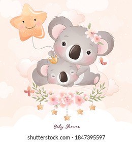 Cute doodle koala bear with floral illustration