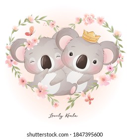 Cute doodle koala bear with floral illustration