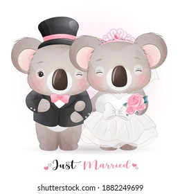 Cute doodle koala bear with wedding clothes for valentine’s day