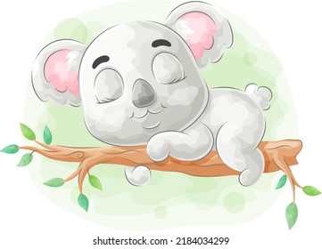 Cute doodle koala sleeping on tree with watercolor illustration