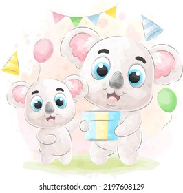 Cute doodle a Koala with watercolor illustration