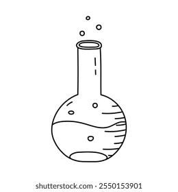 Cute doodle laboratorio vaso con solución química y burbujas. Matraz redondo, cristalería, tubo para experimento científico, química, pruebas de biología. Equipo de laboratorio dibujado a mano aislado en blanco