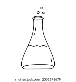 Cute doodle laboratorio vaso con solución química y burbujas. Matraz de fondo plano, cristalería para experimento científico, ensayos químicos. Equipo de laboratorio de contorno dibujado a mano aislado en blanco