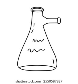 Cute doodle laboratorio vaso de precipitados para experimento científico, química y pruebas de biología. Matraz de fondo plano, cristalería, tubo para soluciones químicas. Equipo de laboratorio dibujado a mano aislado en blanco