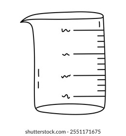 Cute doodle laboratorio vaso de precipitados para experimento científico, química y pruebas de biología. Matraz de fondo plano, cristalería, tubo para soluciones químicas. Equipo de laboratorio dibujado a mano aislado en blanco.