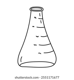 Cute doodle laboratorio vaso de precipitados para experimento científico, química y pruebas de biología. Matraz de fondo plano, cristalería, tubo para soluciones químicas. Equipo de laboratorio de contorno dibujado a mano aislado en blanco