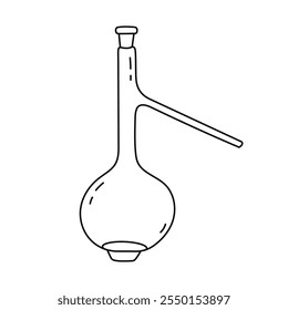 Cute doodle laboratory beaker with spout and cork for chemical solutions, reagents. High and round flask for science experiment, chemistry, biology tests. Hand drawn lab glassware isolated on white.