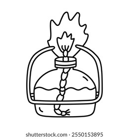 Cute doodle laboratory burner with alcohol liquid, rope and closed cap. Bunsen burner for heating flasks and beakers at science experiment, chemistry test. Hand drawn lab equipment isolated on white