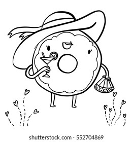 Cute doodle of a lady donut in a summer hat holding a fan and a cocktail