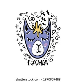 Cute doodle lama head with doodles around, funny flat hand-drawn lama character, animal face with doodles, childish style, design for kids