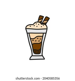 Cute doodle layered coffee drink or milkshake in glass with foam and waffles isolated on white background.