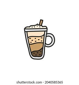 Cute doodle layered coffee drink or milkshake in glass with foam and straw isolated on white background.