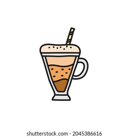 Cute doodle layered coffee drink or milkshake in glass with foam and straw isolated on white background.