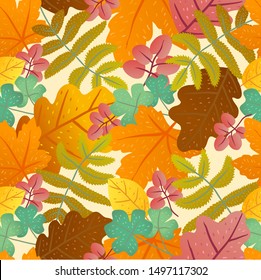 cute doodle leaves pattern with autumn themed