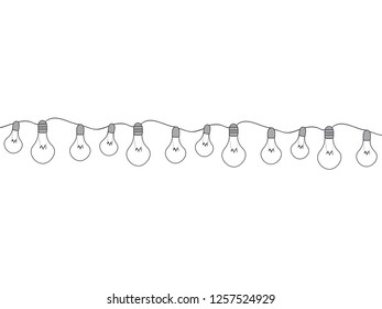 Cute doodle light bulbs garland vector design. Garlands. Christmas decorations. Original Holiday tinsel illustration. Funky cartoon bulbs decoration