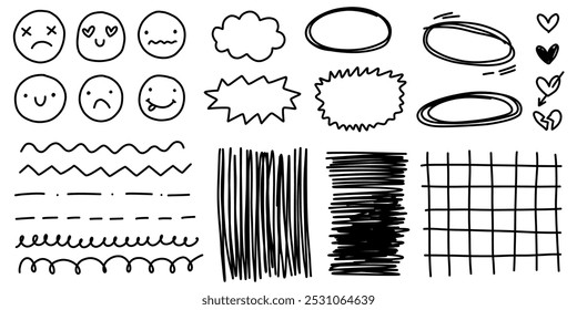 Cute doodle line art hand drawn heart, smiles face, emotions scrapbook underline highlight speech bubbles collection.