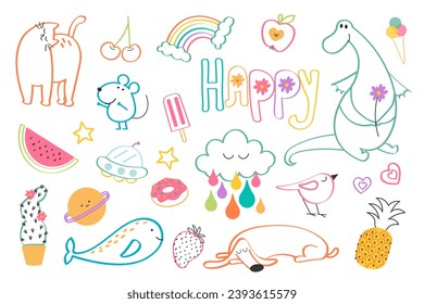 Cute doodle linear symbols and pets mega set in flat design. Bundle elements of cat, cherry, rainbow, apple, dragon, ice cream, watermelon, mouse, other. Vector illustration isolated graphic objects