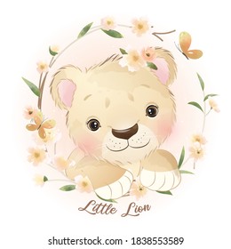 Cute doodle lion with floral illustration