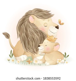 Cute doodle lion with floral illustration