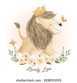 Cute doodle lion with floral illustration