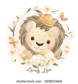 Cute doodle lion with floral illustration