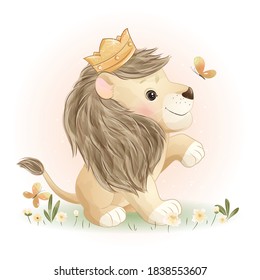 Cute doodle lion with floral illustration