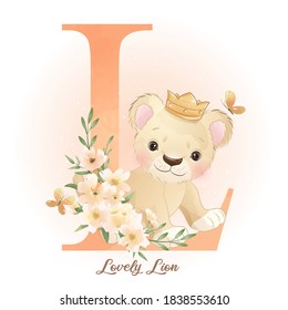 Cute doodle lion with floral illustration