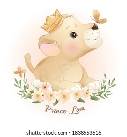 Cute doodle lion with floral illustration