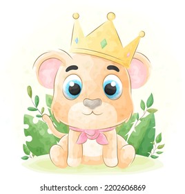 Cute doodle a Lion king with watercolor illustration