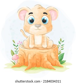 Cute doodle Lion with watercolor illustration