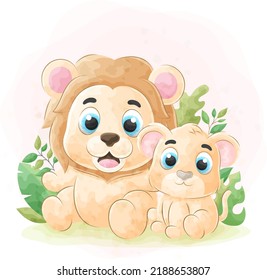 Cute doodle Lion with watercolor illustration