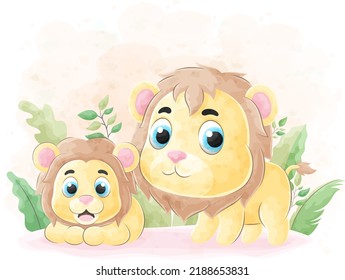 Cute doodle Lion with watercolor illustration