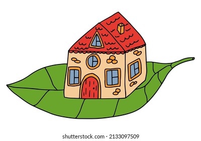 Cute doodle little gnome house on tree leaf isolated on white background. 