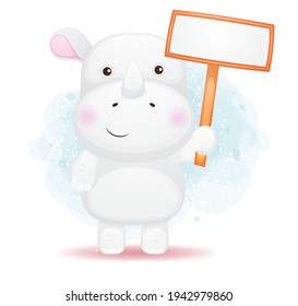 Cute doodle little rhino holding a sign board cartoon character Premium Vector