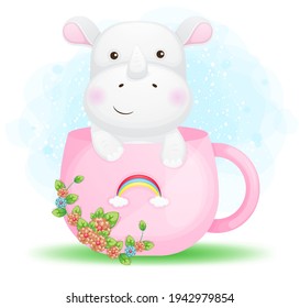 Cute doodle little rhino in the pink cup cartoon character Premium Vector